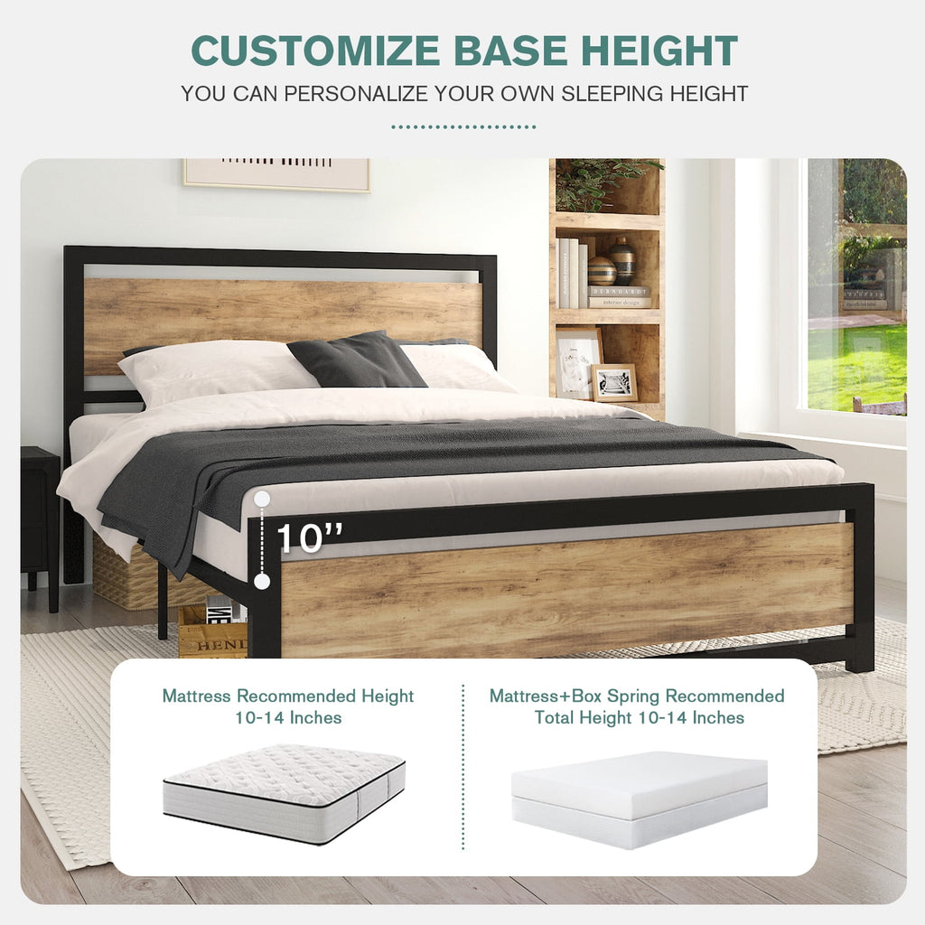 Allewie Queen Size Metal Platform Bed Frame with Square Frame Wooden Headboard&Footboard, Brown