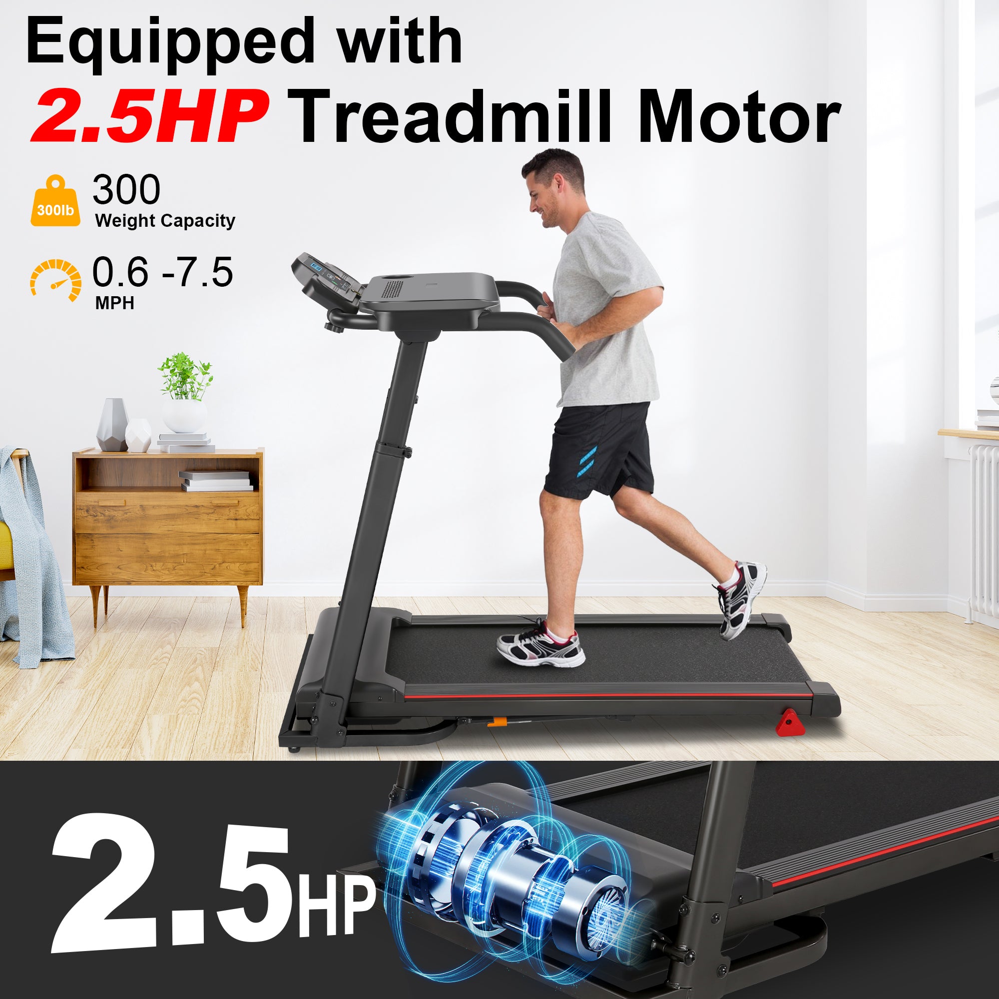 ADNOOM 300Lbs Treadmill with Desk - 2.5 HP Portable Folding Treadmill for Home, Running Machine with Incline（Gray）