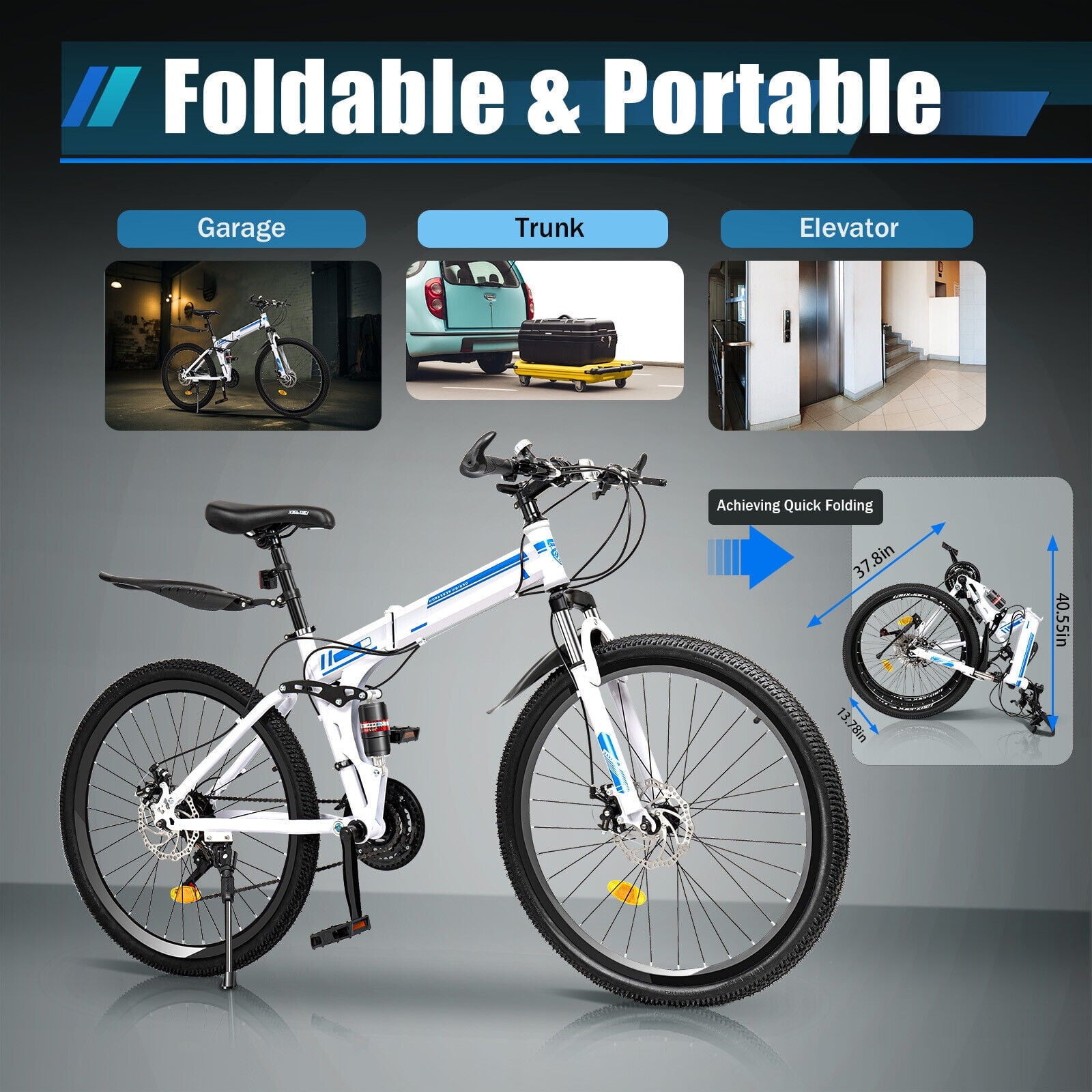 26" Mountain Bike 21-Speed Folding Men Women Bikes Dual Disc Brake MTB Bicycle