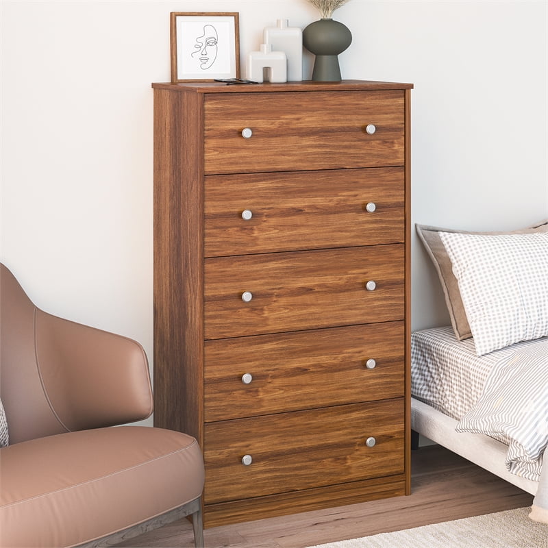 Ameriwood Home Lennon Tall 5 Drawer Dresser, Medium Brown and Faux Rattan