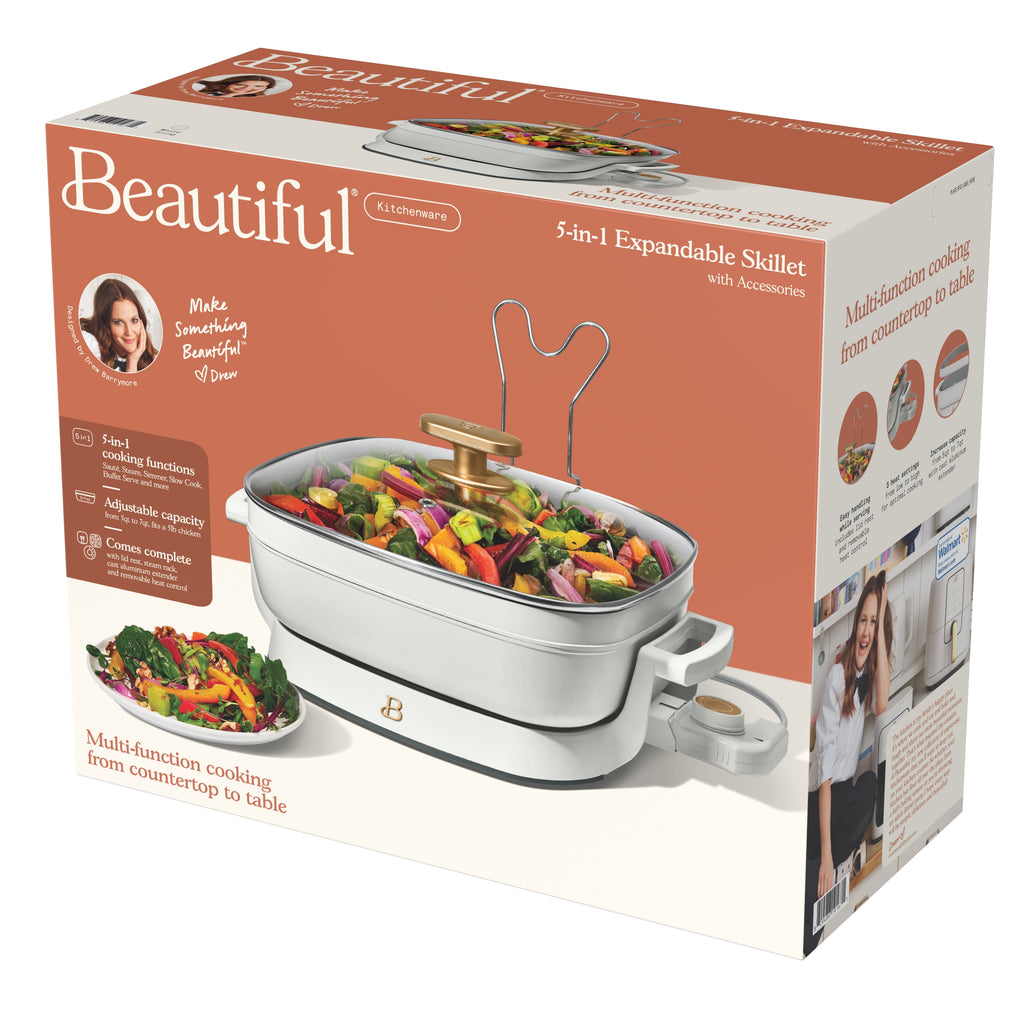 Beautiful 5 in 1 Electric Skillet - Expandable up to 7 Qt with Glass Lid, White Icing by Drew Barrymore