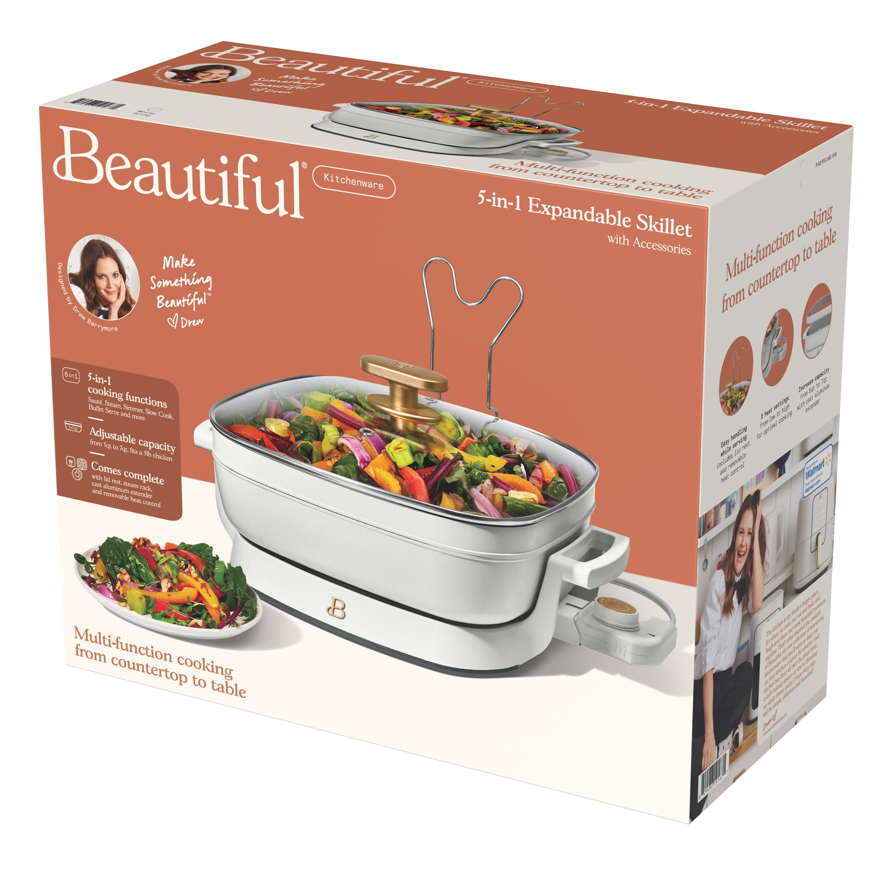 Beautiful 5 in 1 Electric Skillet - Expandable up to 7 Qt with Glass Lid, White Icing by Drew Barrymore