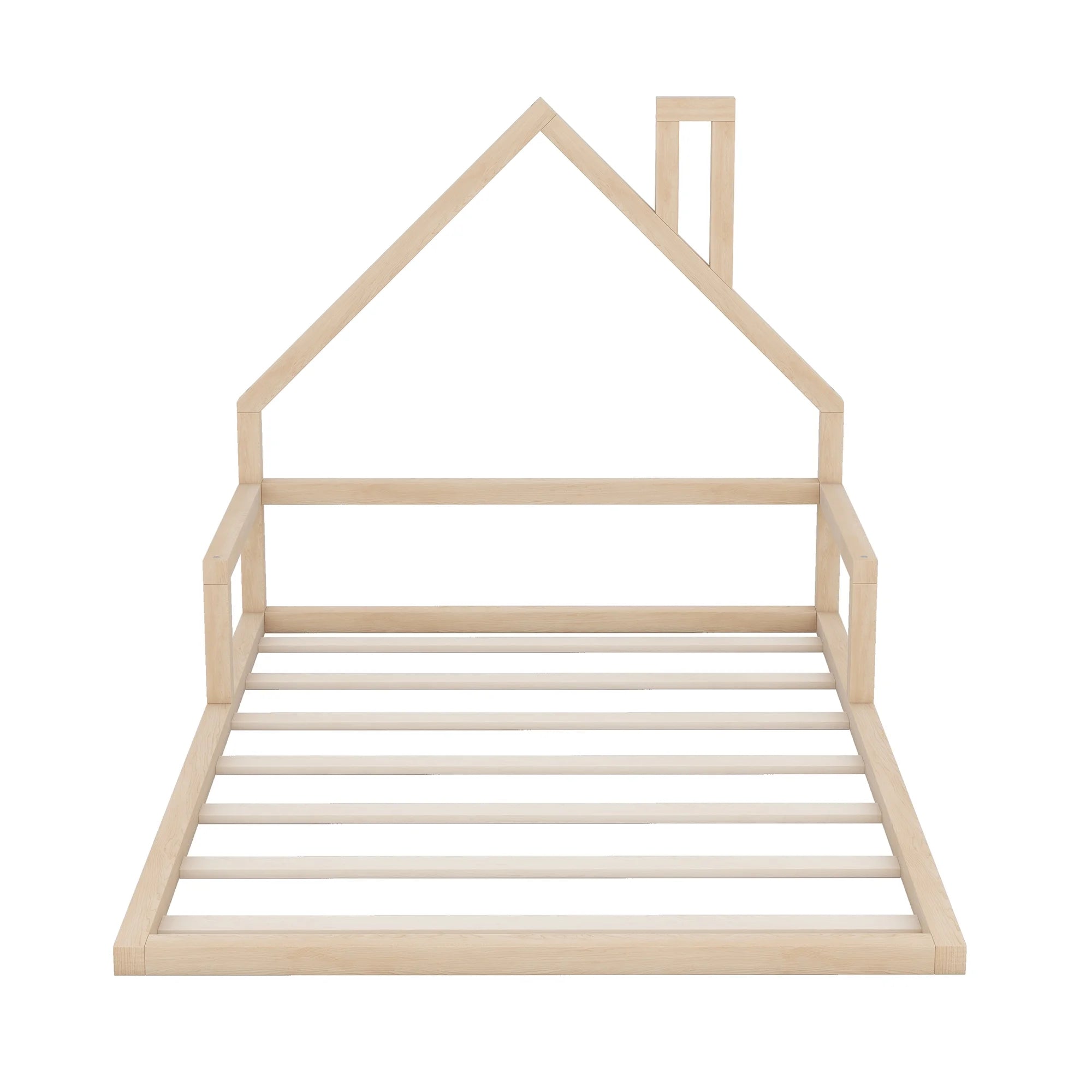 Bellemave Full Size Wood Floor Bed with House-shaped Headboard Toddler Bed Frame Montessori Floor Bed with Rails and Wooden Slats for Kids, Boys, Girls, No Box Spring Needed, Natural