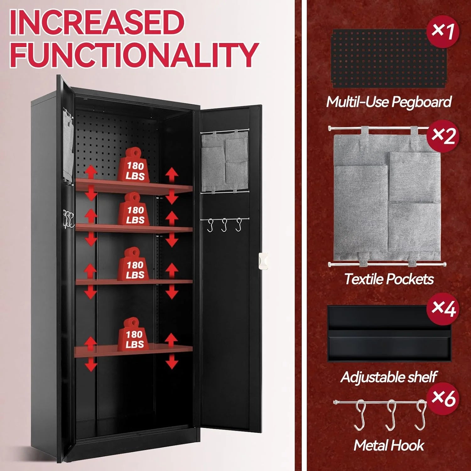 72" Metal Garage Storage Cabinet with Pegboard and Adjustable Shelves Black Multifunctional Locking Cabinet for Home, Office, Warehouse,Basement