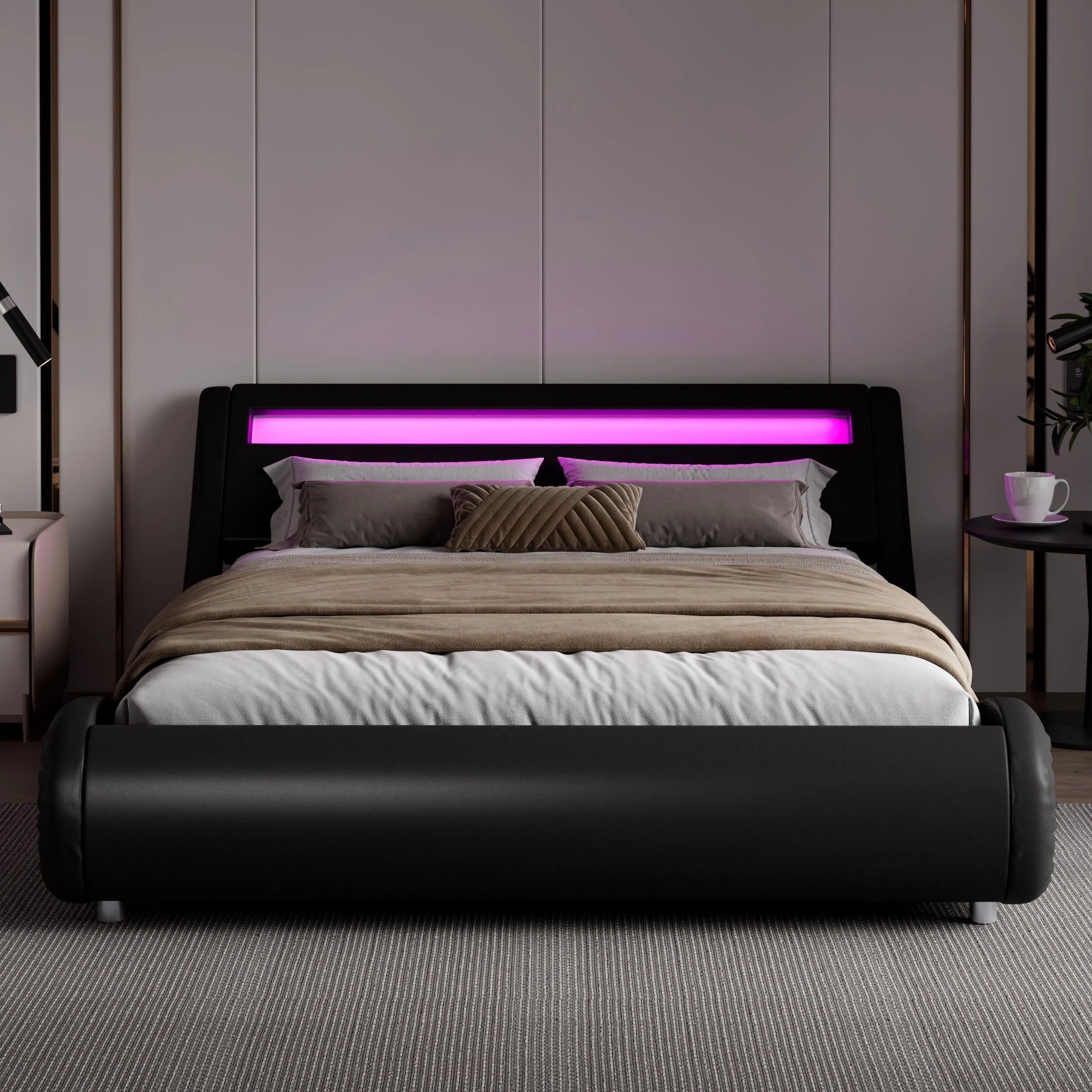 Amolife Queen Size Wave-Like Curve Deluxe Upholstered Modern Bed Frame with LED Headboard, Black