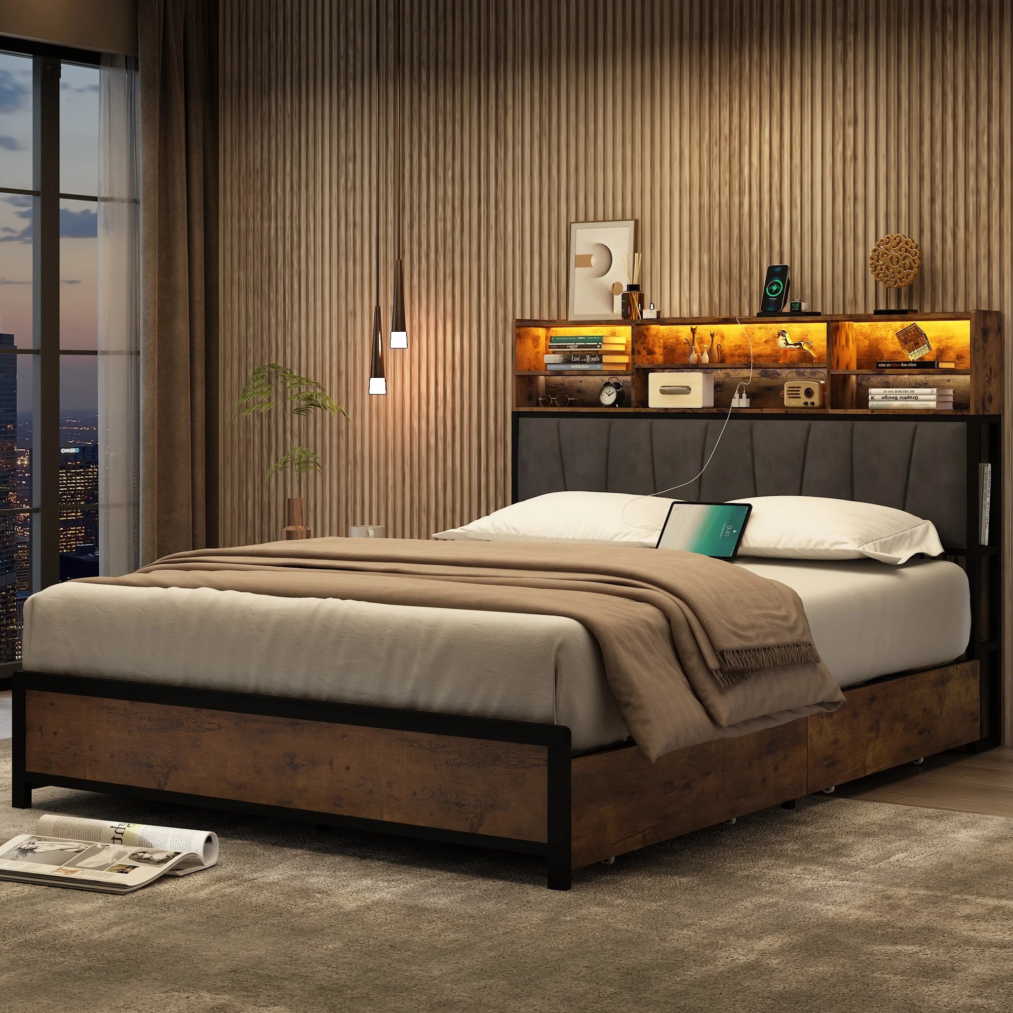 ANPOO LED Bed Frame Queen Size with Bookcase Headboard and 4 Drawers & Outlet Station, Industrial Metal Platform Bed Frame, No Box Spring Needed, Noise-Free, Vintage Brown-Queen