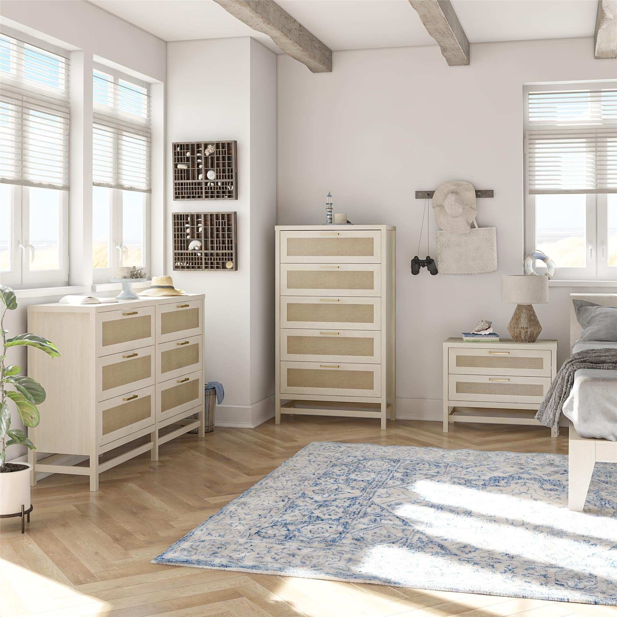 Ameriwood Home Lennon Tall 5 Drawer Dresser, Medium Brown and Faux Rattan