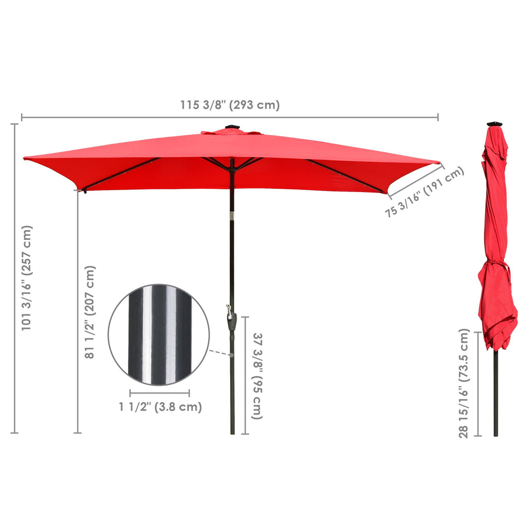 10x6.5ft Rectangle Outdoor Patio Beach Market Aluminium Umbrella Sun Shade Solar Powered Led Light Crank Tilt (Red)