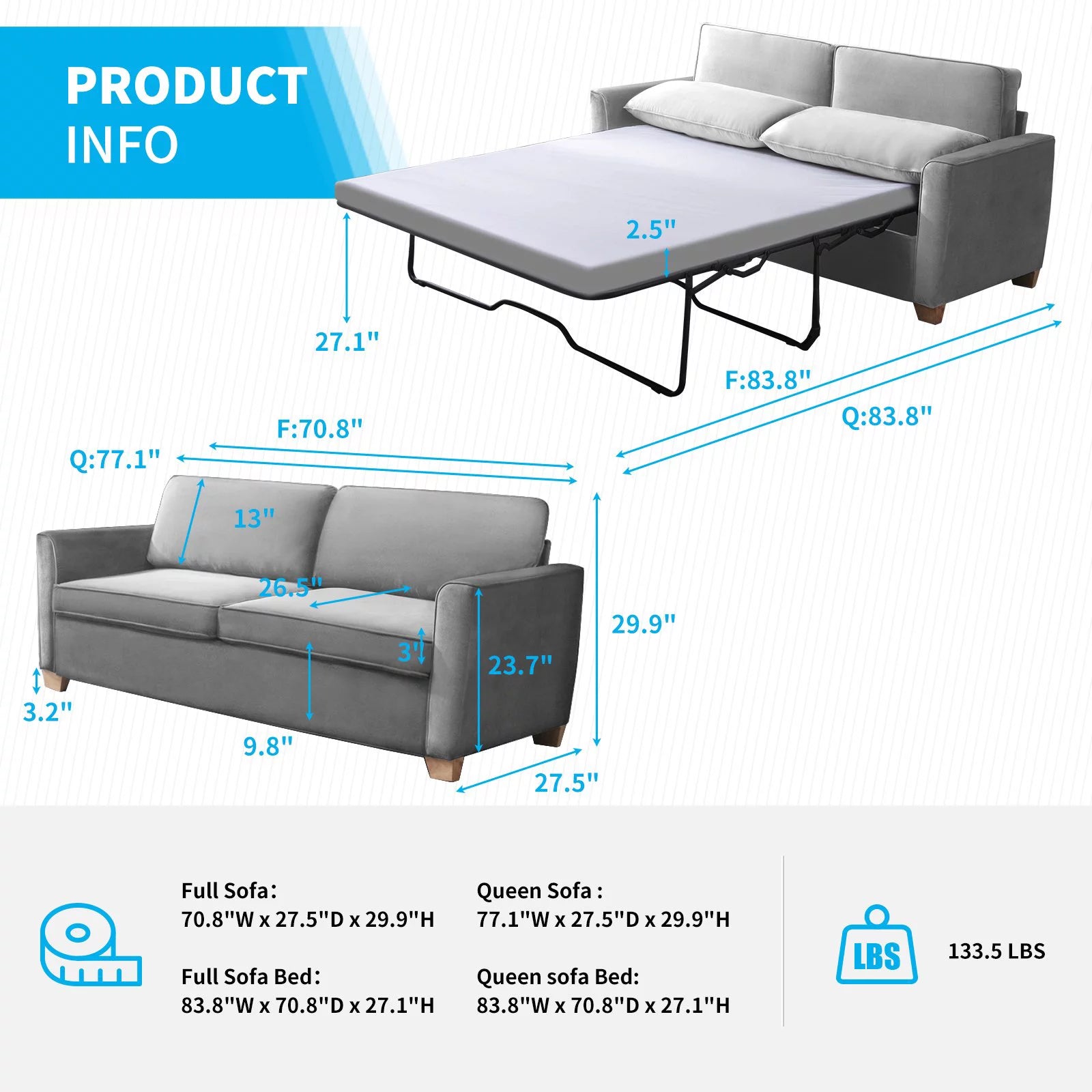 BALUS 2-in-1 Sofa Bed, Full Pull-out Sofa Bed, Sofa Bed with Foam  Mattress, Loveseat Sofa Bed for Living Room, Bedroom, Office, Small Space, Light  Gray