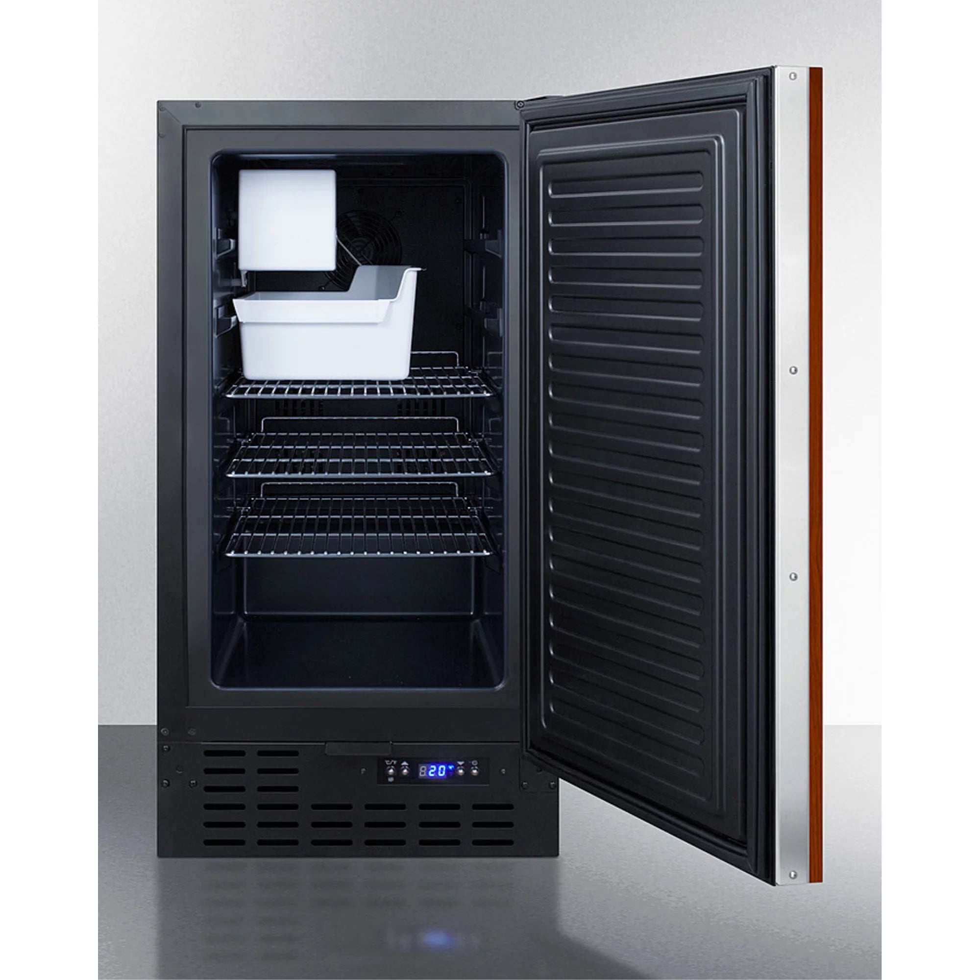 18" wide built-in undercounter manual defrost crescent icemaker with panel-ready door; no drain required