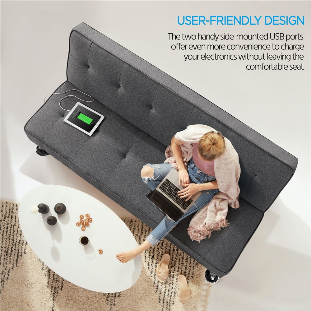 Alden Design Modern Fabric Convertible Futon with USB, Blue