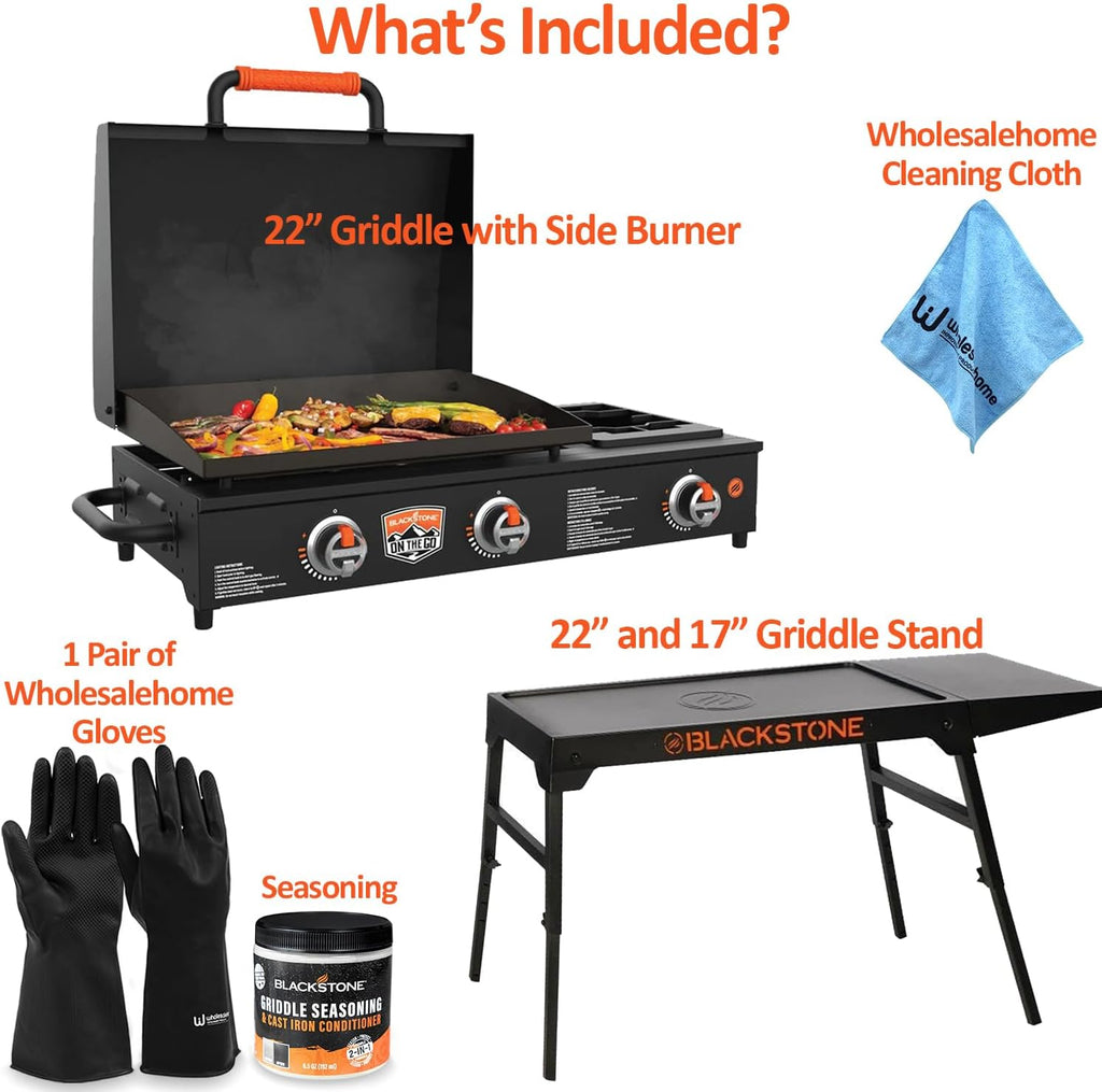 22 inch Blackstone Griddle with Hood, Side Burner, and Grill Stand, Tabletop Flat Top Grill Propane Portable Gas Grill and Outdoor BBQ Grill & Blackstone Seasoning and Wholesalehome Gloves and Cloth