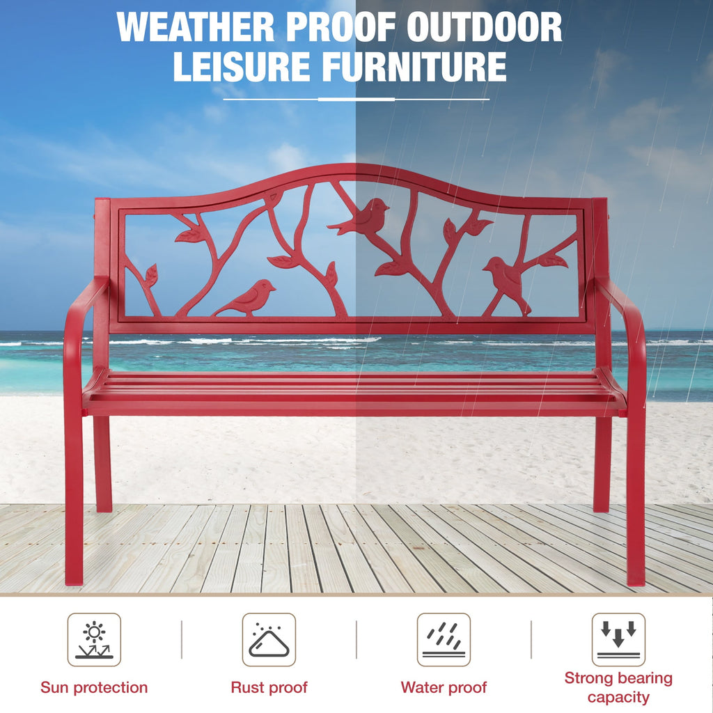 Alpha Joy 50” Outdoor Metal Patio Garden Bench for Lawn, Park, Deck - Red Bird