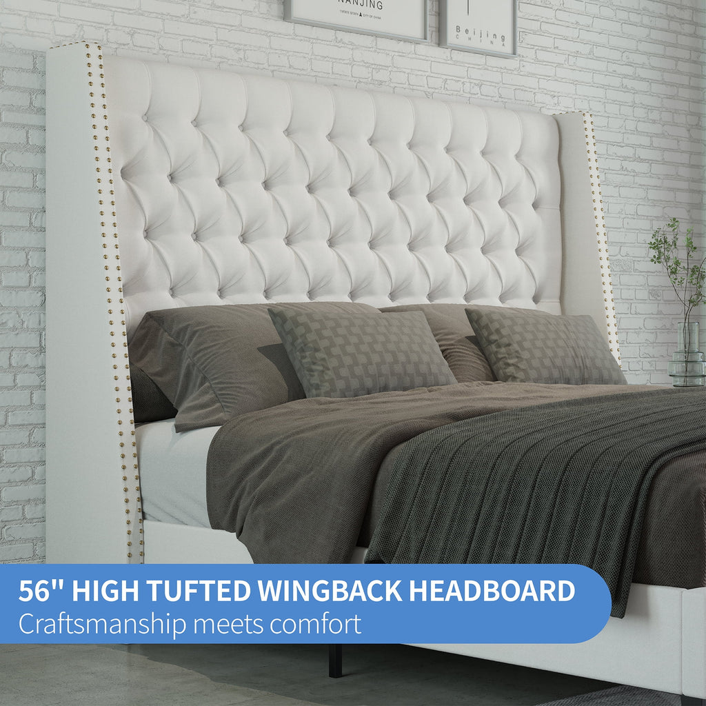 Amerlife Queen Size Nail Button Tufted Wingback Bed Frame, Linen Upholstered Platform Bed with 56" High Wingback Headboard, No Box Spring Needed, White