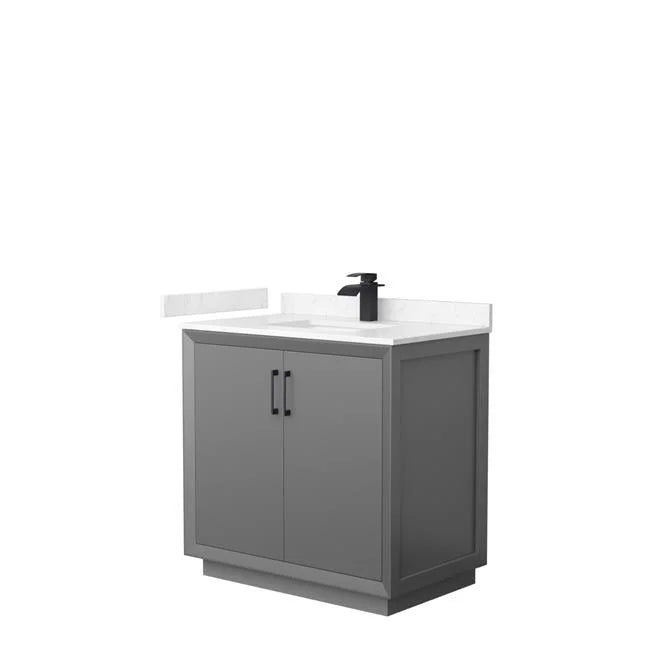 36 in. Strada Single Bathroom Vanity, Dark Gray, Carrara Cultured Marble Countertop, Undermount Square Sink & Matte Black Trim