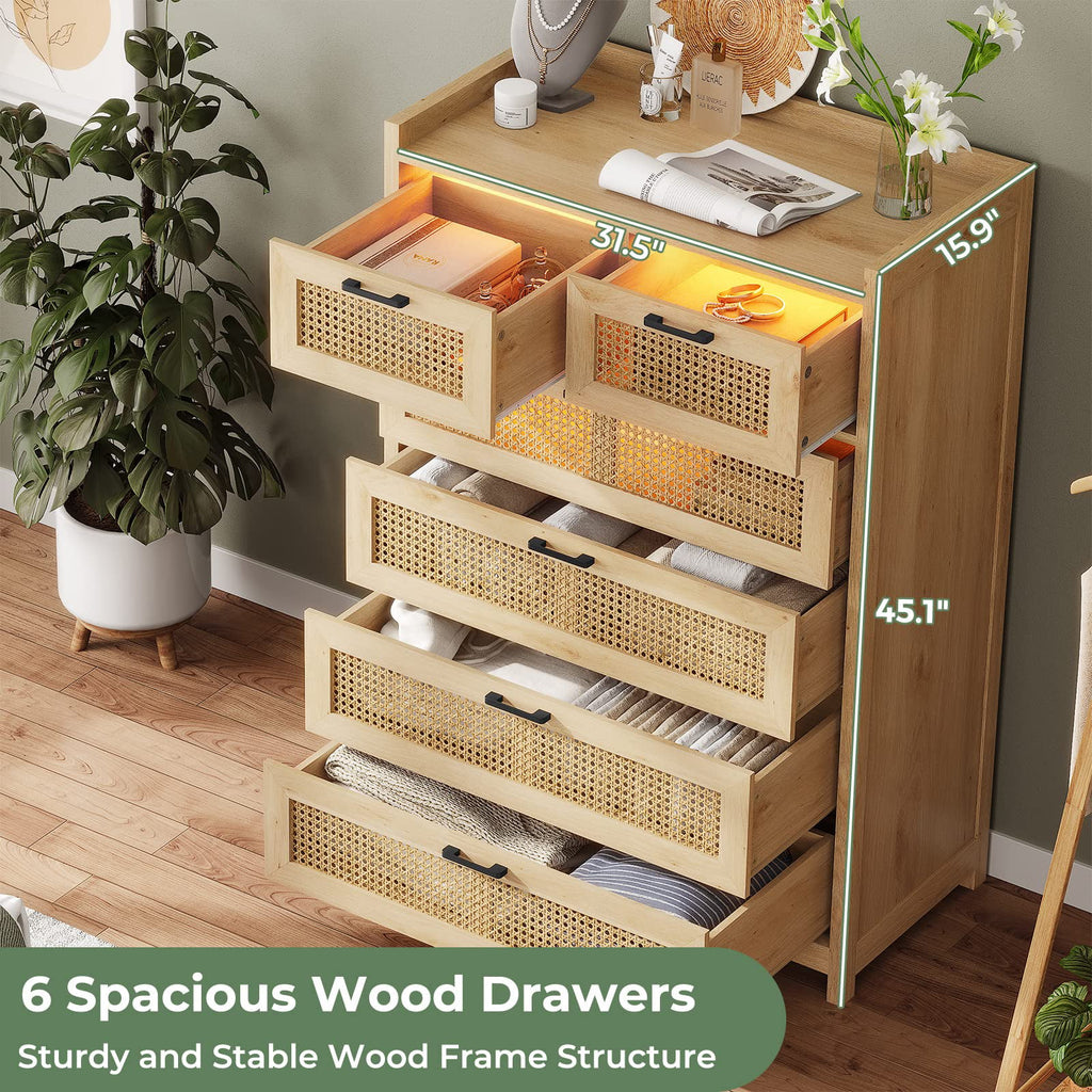 6 Drawer Dresser with Led Light for Bedroom, Natural Rattan Wood Dressers,Tall Dressers & Chests of Drawers,Living Room Entryway Closet Dresser