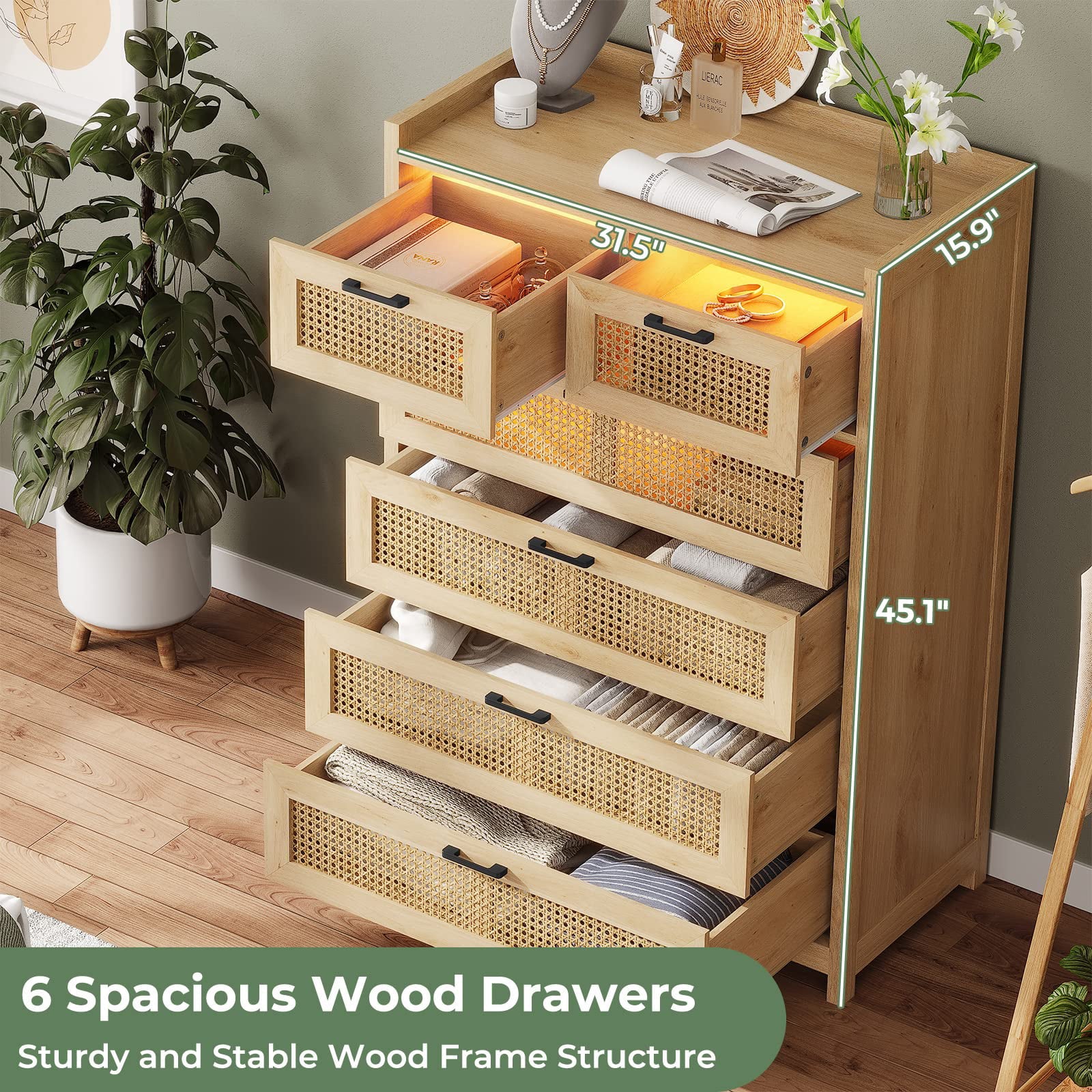 6 Drawer Dresser with Led Light for Bedroom, Natural Rattan Wood Dressers,Tall Dressers & Chests of Drawers,Living Room Entryway Closet Dresser