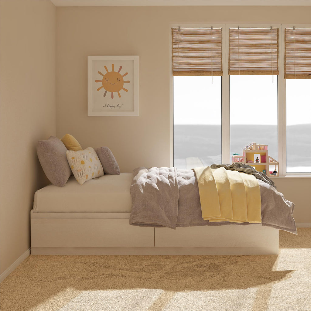 Ameriwood Home Twin Platform Bed with Drawers, Ivory Oak