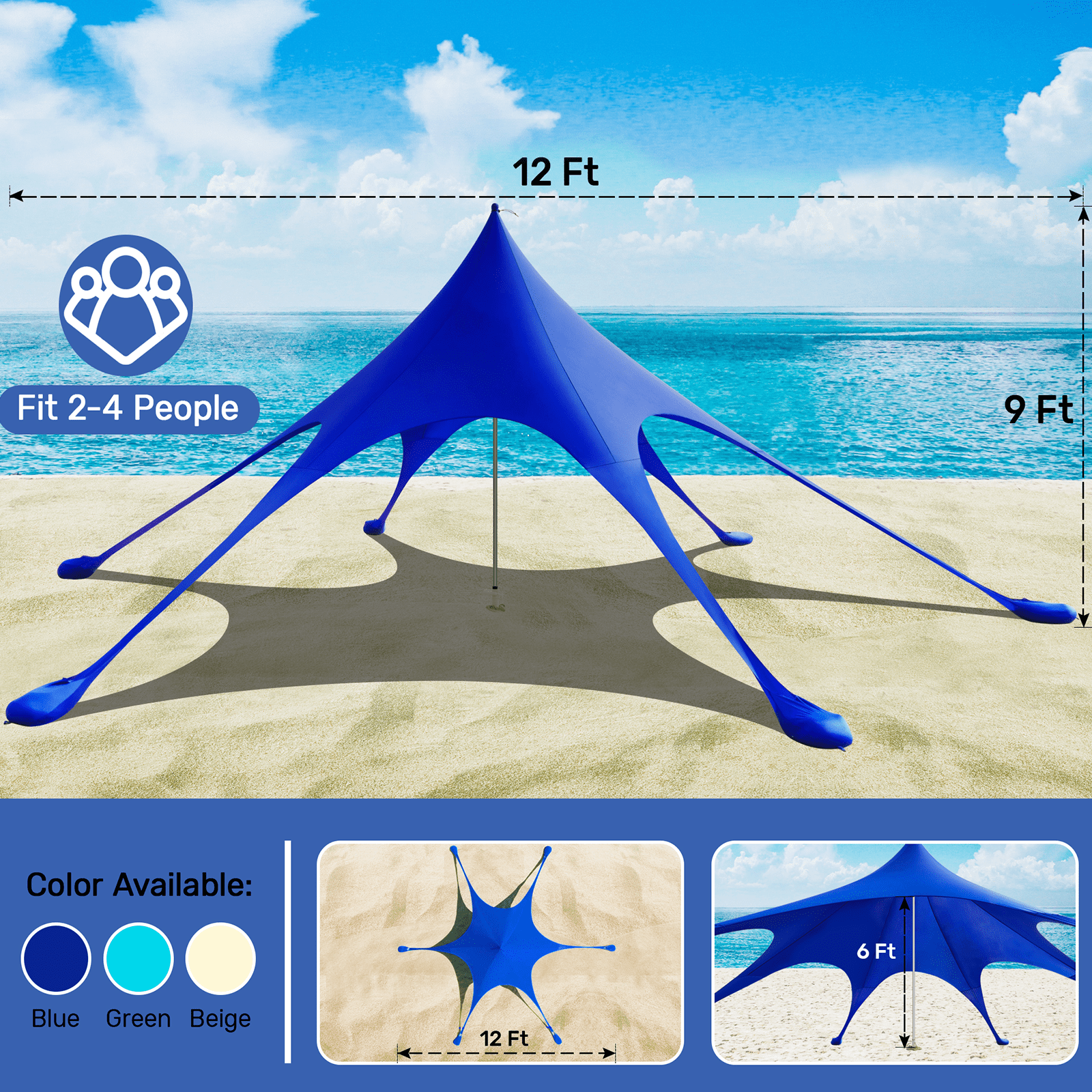 Beach Canopy Tent Sun Shade, VECUKTY 12x12 FT Beach Tent Sun Shelter UPF 50+ UV Protection with Sandbags , 1 Stability Poles and Ground Pegs and Anti-Wind Ropes,Blue