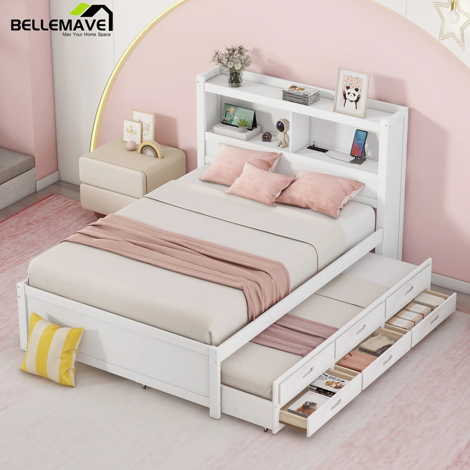 Bellemave Full Size Captain Bed with Storage Bookcase Headboard and USB Charging Ports Platform Bed with Trundle and Drawers Wooden Storage Bed Frame for Kids, Teens (White)