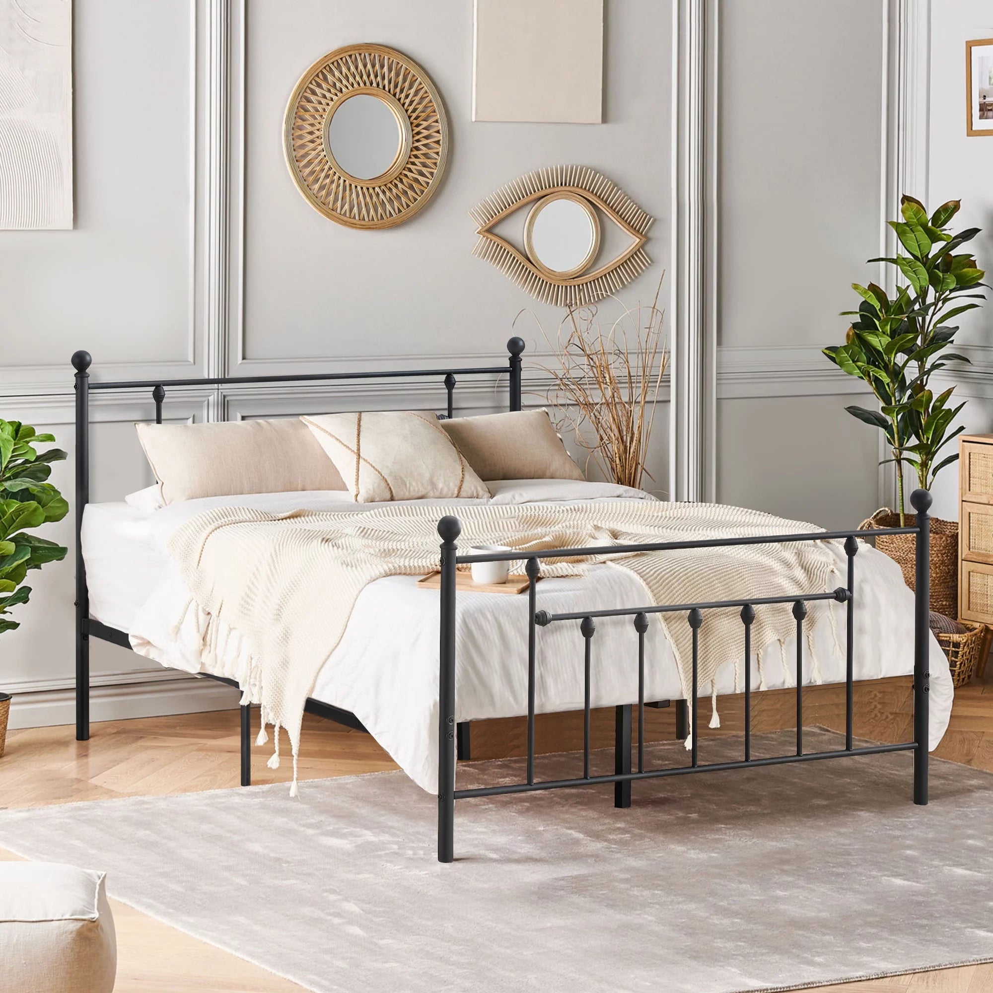 Antique Queen Size Platform Bed with Victorian Iron Headboard/Slats Support