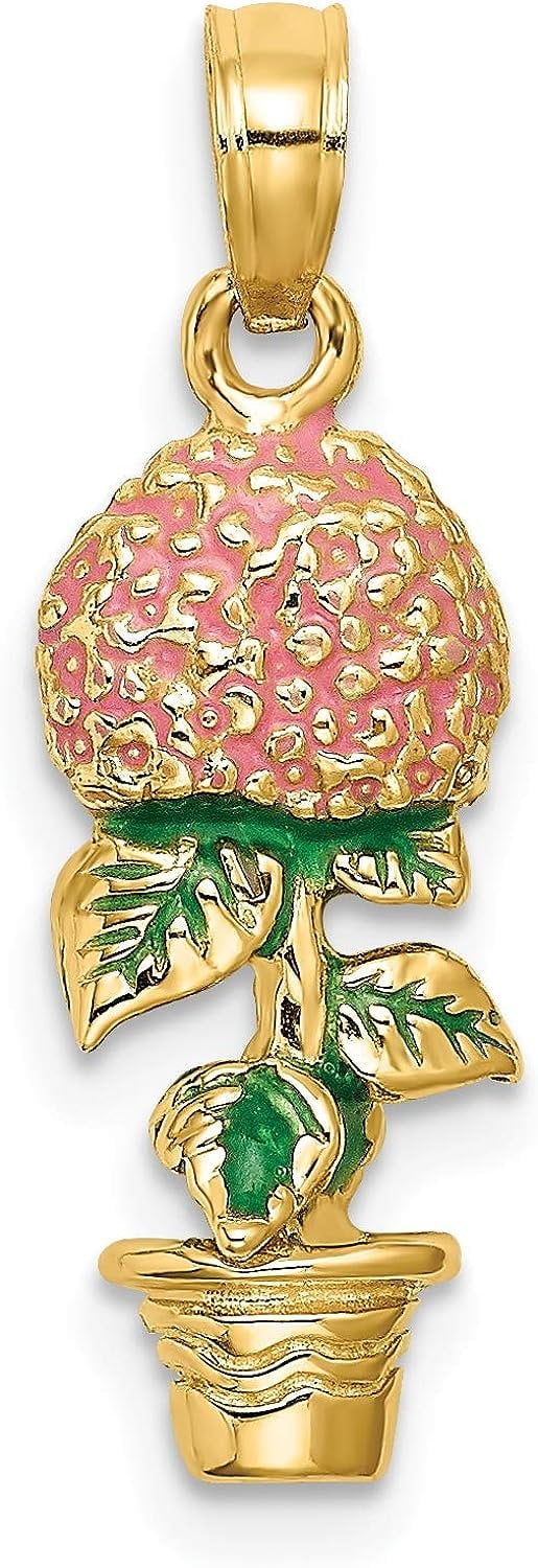 14K Yellow Gold 3-D Enameled Pink Hydrangea Flowers In Pot Charm - 24.3mm