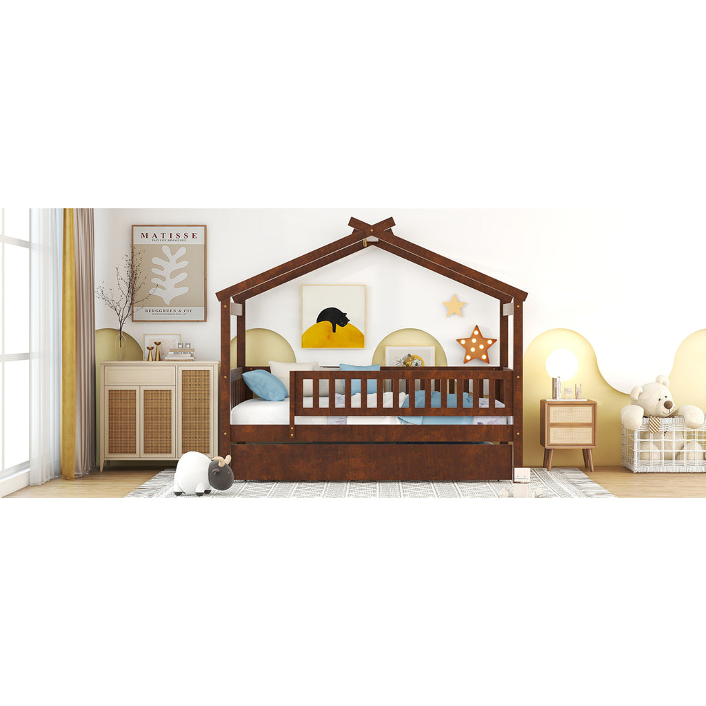 "Twin-Size Wooden House-Shaped Bed with Matching Twin-Size Trundle in Elegant Walnut Finish"