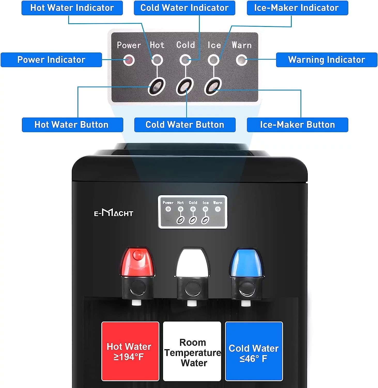 2-in-1 Water Cooler Dispenser with Built-in Ice Maker Machine, Water Dispense for 3-5 Gallon Water Bottles, ETL Approved Stainless Steel Water Dispense with Hot & Cold Water, Child Safety Lock, Black
