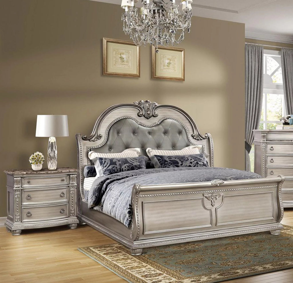 Antique Platinum Sleigh Cal King Bedroom Set 4Pcs B9506 Mcferran Traditional