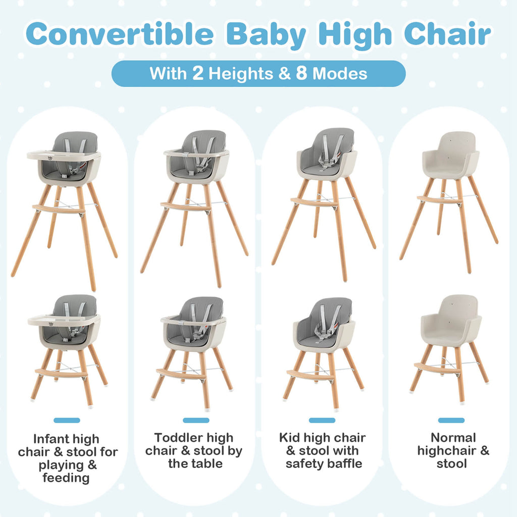 Babyjoy 3 in 1 Convertible Wooden High Chair Toddler Feeding Chair with Cushion Beige