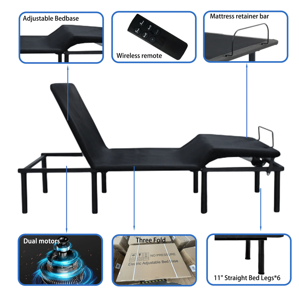 Adjustable Bed Base -Three Fold- Motorized Head and Foot Incline -Queen