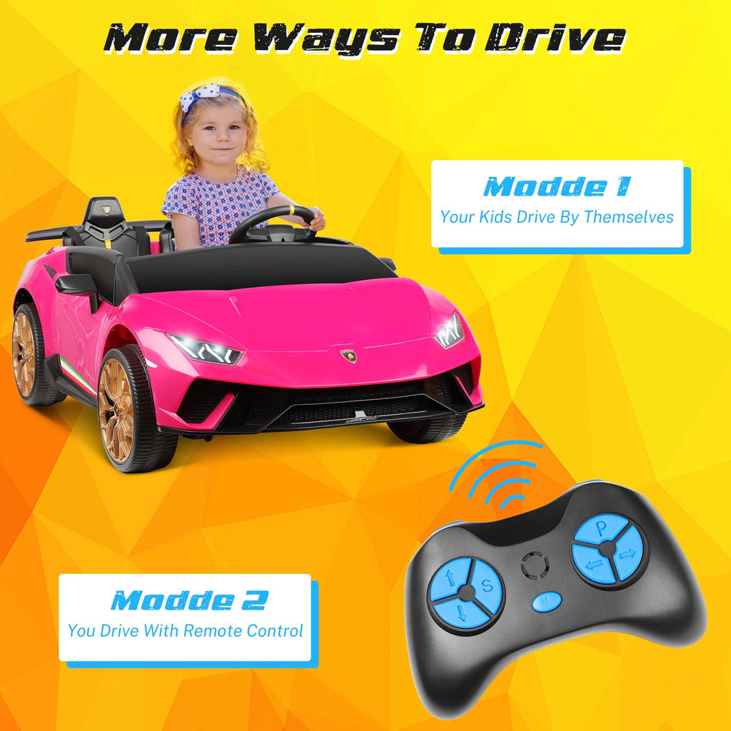 24V Ride on Cars 2 Seater for Kids, Lamborghini Huracan Battery Powered Ride on Toy Sports Car with Remote Control, Electric Car for Girls Boys 3-8 with Music/LED Lights/Bluetooth/4WD, Pink