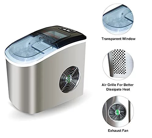 Angel Canada Stainless Steel Portable Ice Maker Compact Countertop with Panoramic View Window, Ice Cube Machine, Bullet Cubes in S/L Size 26 lb/24H for Home Office Party, Boat RV