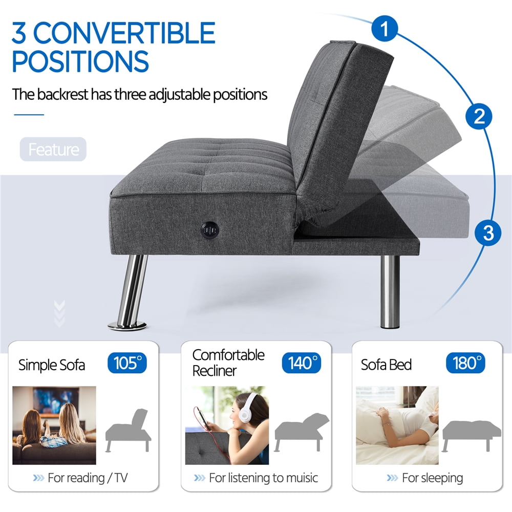 Alden Design Modern Fabric Convertible Futon with USB, Blue