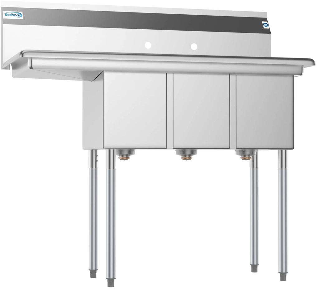 3 Compartment 45" Stainless Steel Commercial Kitchen Sink with Drainboard - Bowl Size 10" x 14" x 10"