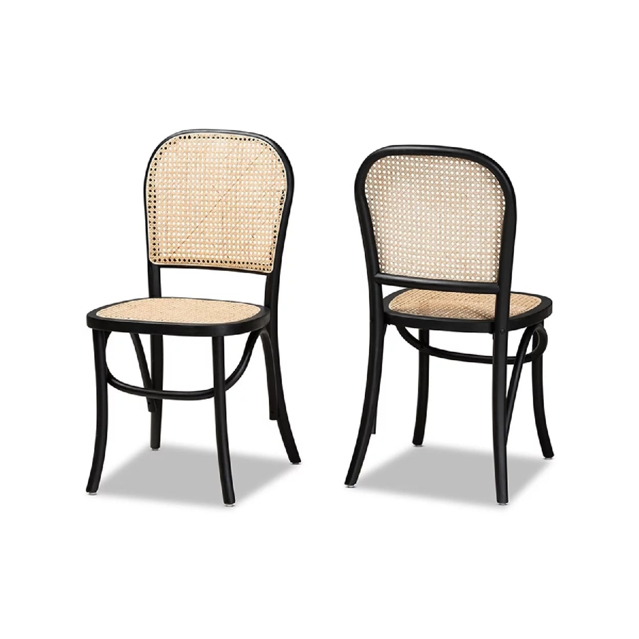 Baxton Studio Cambree Mid-Century Modern Brown Woven Rattan and Black Wood 2-Piece Cane Dining Chair Set