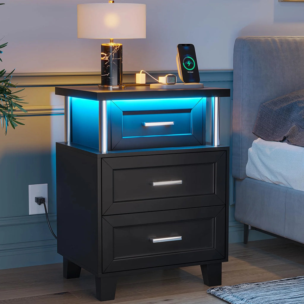 Afuhokles LED Nightstand with Charging Station, RGB Lights Night Stand for Bedroom, Bedside Table End Table with 3 Drawers, Black