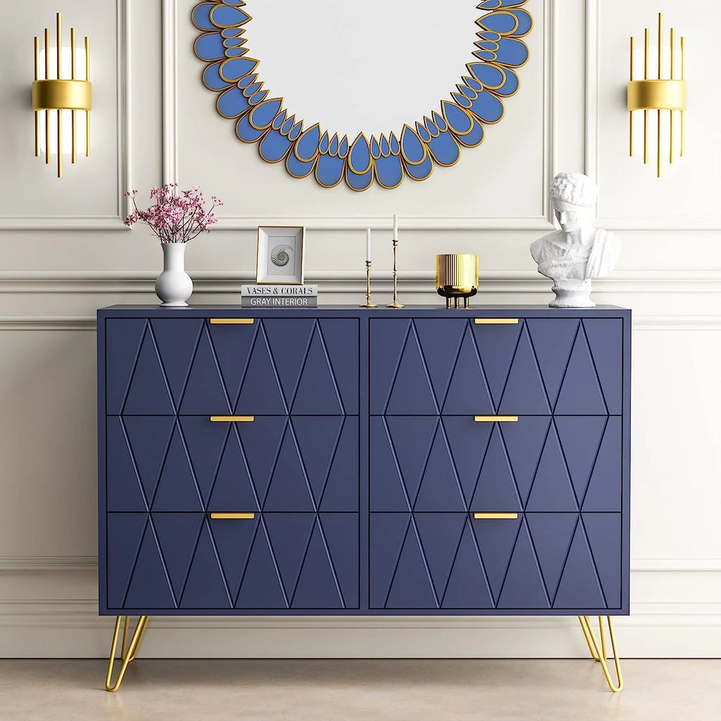 6 Drawer Dresser Drawer Chest Tall Storage Cabinet Organizer Unit Bedroom Living Room Medium-Navy Blue
