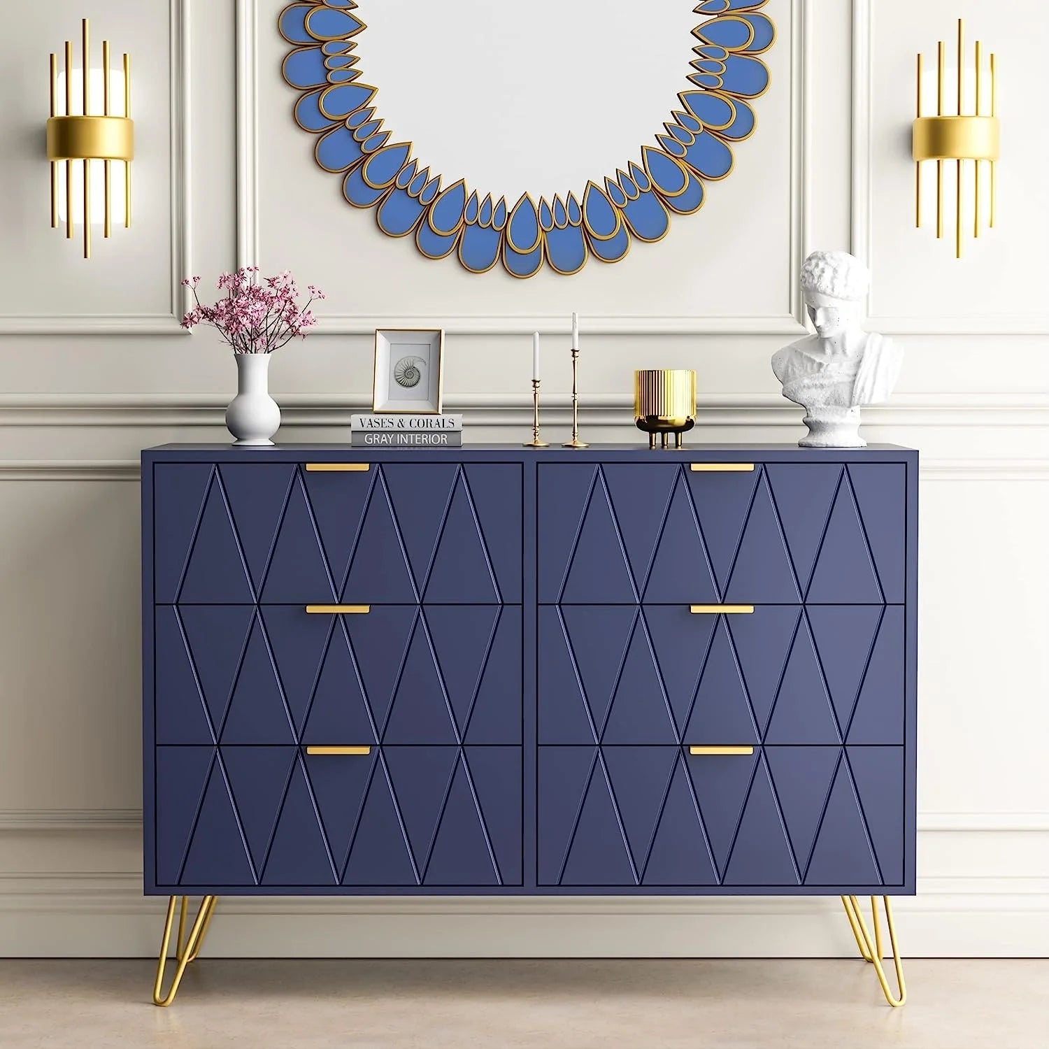 6 Drawer Dresser Drawer Chest Tall Storage Cabinet Organizer Unit Bedroom Living Room Medium-Navy Blue
