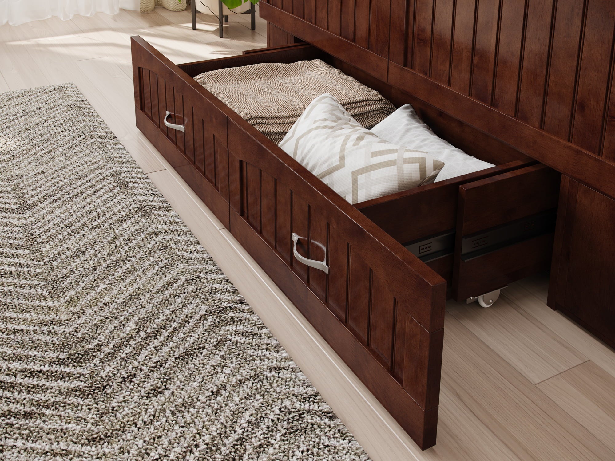 AFI Southampton Full Wood Murphy Bed Chest with Mattress, Drawer & Charger in Walnut