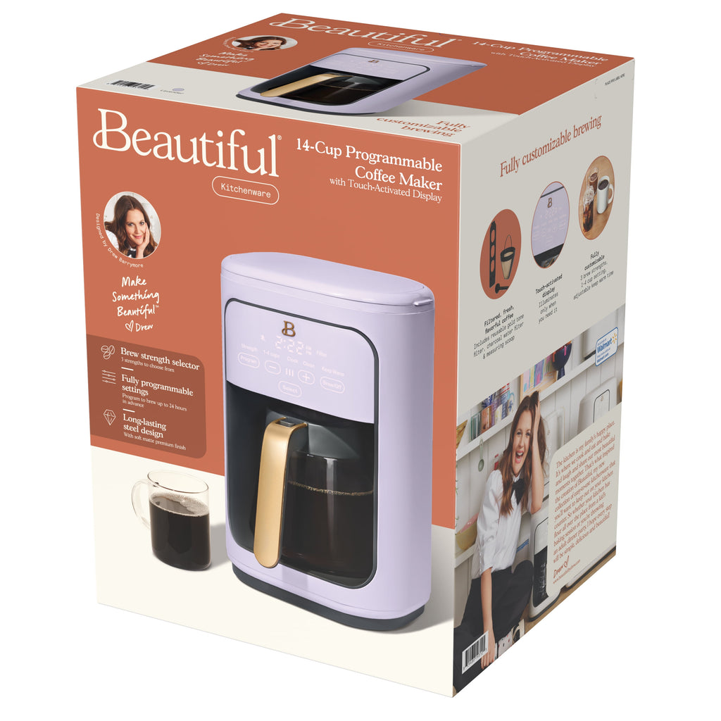 Beautiful 14-Cup Programmable Drip Coffee Maker with Touch-Activated Display, White Icing by Drew Barrymore