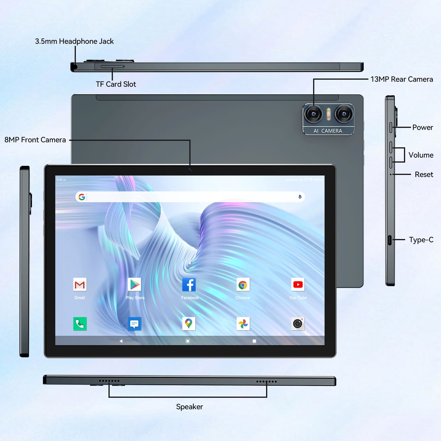 Android 13 Tablet 10.1" Android Tablet, 4gb+64gb Storage Tablet with Keyboard, Google GMS Certified, Dual 13MP+5MP Camera, WiFi, Bluetooth, GPS, IPS Full HD Display