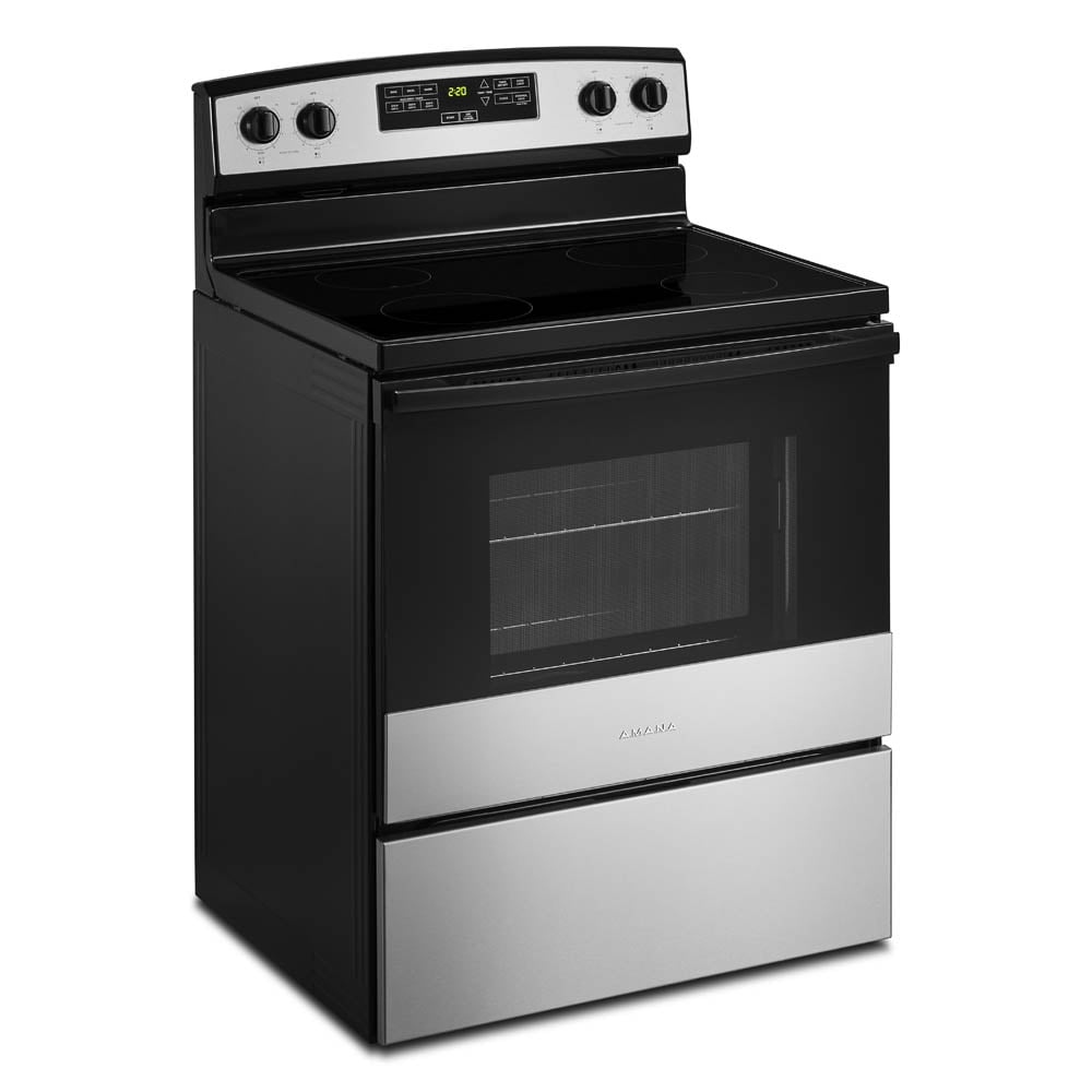 Amana® Brand New Model - AER6303MMS 30-inch Electric Range with 4.8 Cu ft oven. - assembled product Depth: 27.5” - assembled product height: 46.08” - assembled product Width: 30”