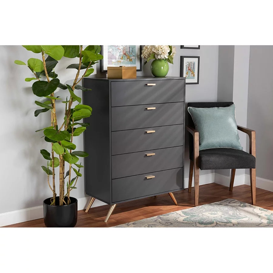Baxton Studio Kelson Modern and Contemporary Dark Grey and Gold Finished Wood 5-Drawer Chest