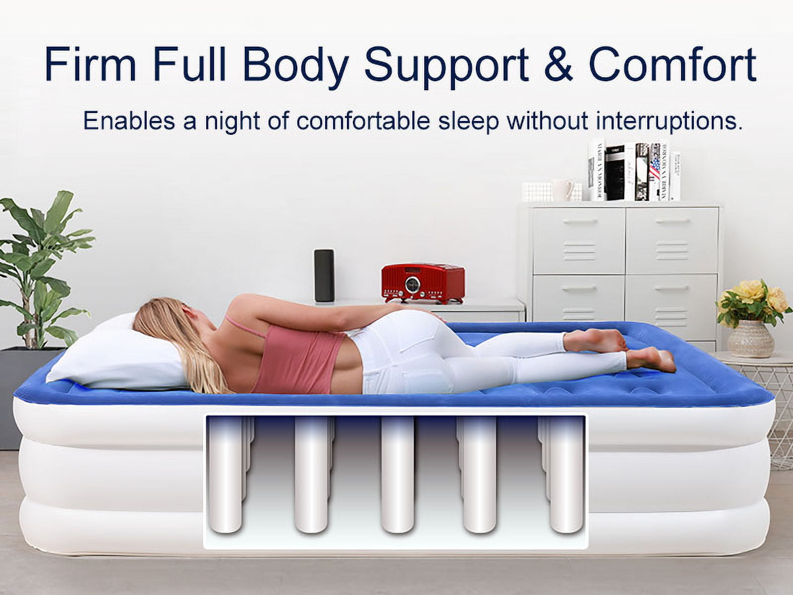 18 inch Queen Size Air Mattress with Built-in-Pump, Inflatable Air Beds, Blow Up Raised Mattresses, Navy Blue