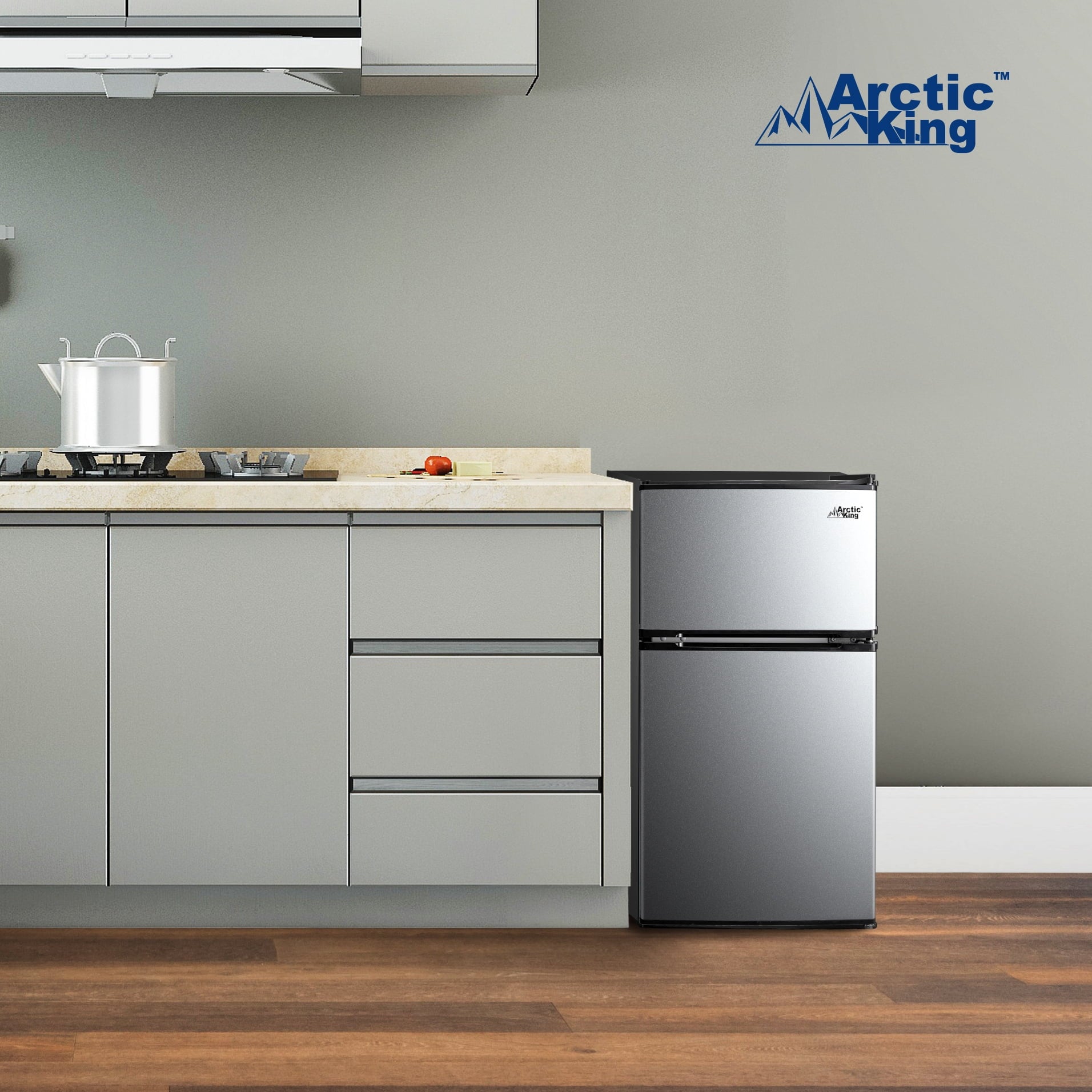 Arctic King 3.2 Cu ft Two Door Mini Fridge with Freezer, Black, E-Star, ARM32D5ABB