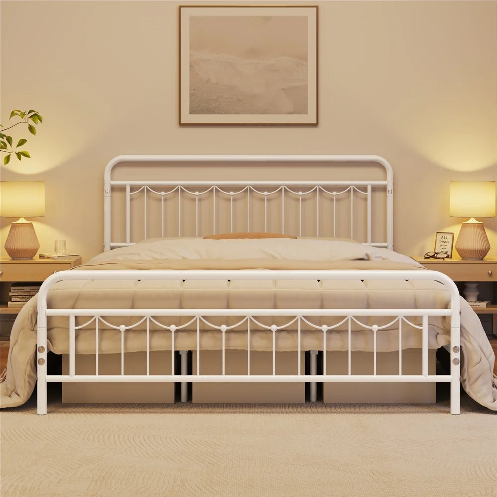 Alden Design Metal Platform Bed with Vintage Headboard and Footboard, California King Size, White