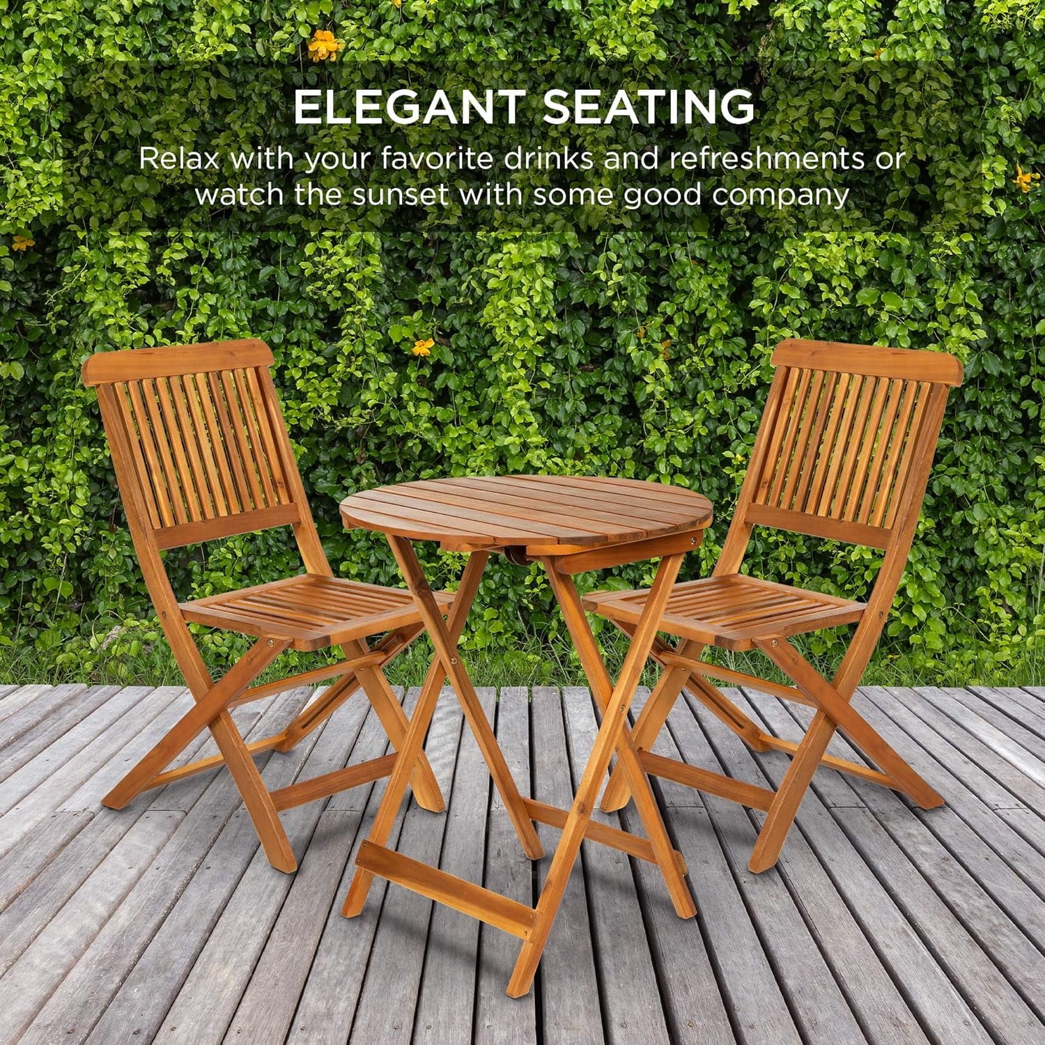 3-Piece Acacia Wood Bistro Set, Folding Patio Furniture for Backyard, Balcony, Deck w/ 2 Chairs, Round Coffee Table, Teak Finish - Natural
