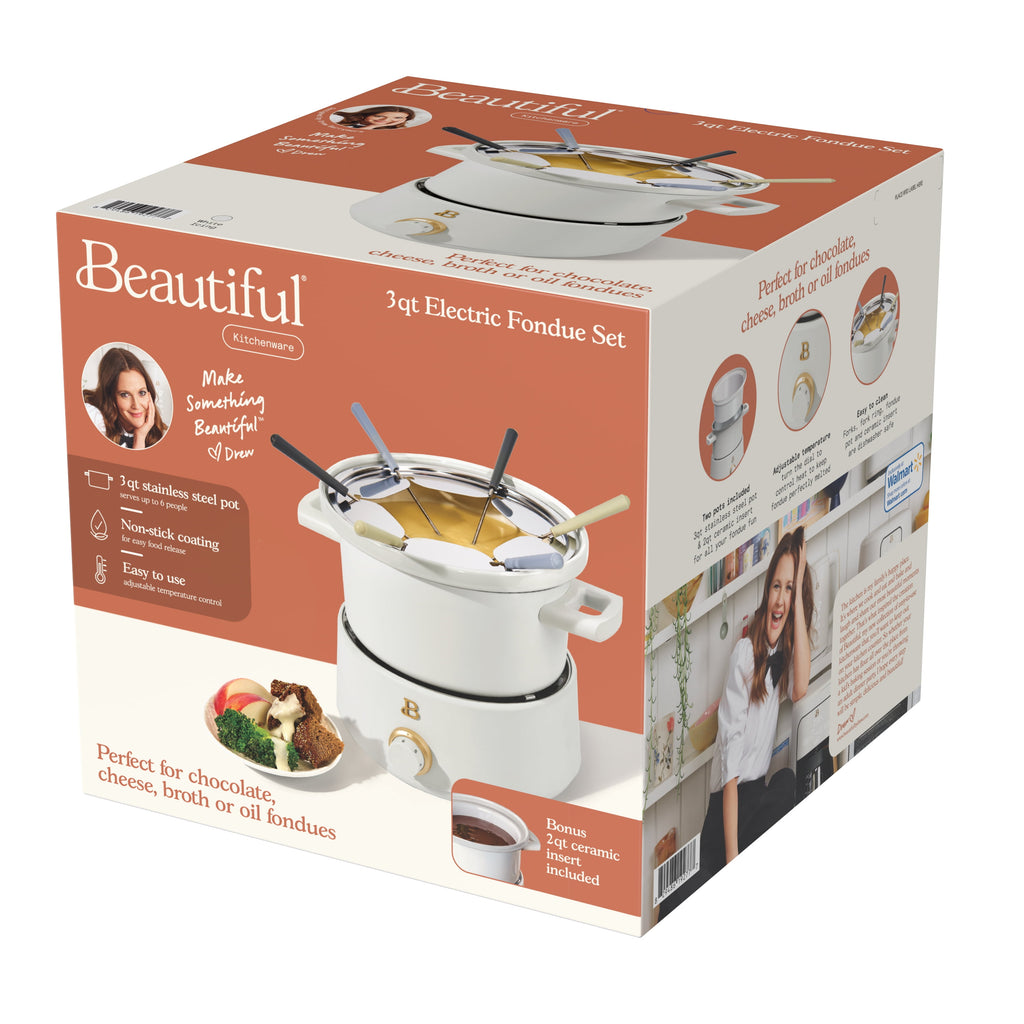 Beautiful 3 Qt Electric Fondue Set with Bonus 2 qt Ceramic Pot, Black Sesame by Drew Barrymore