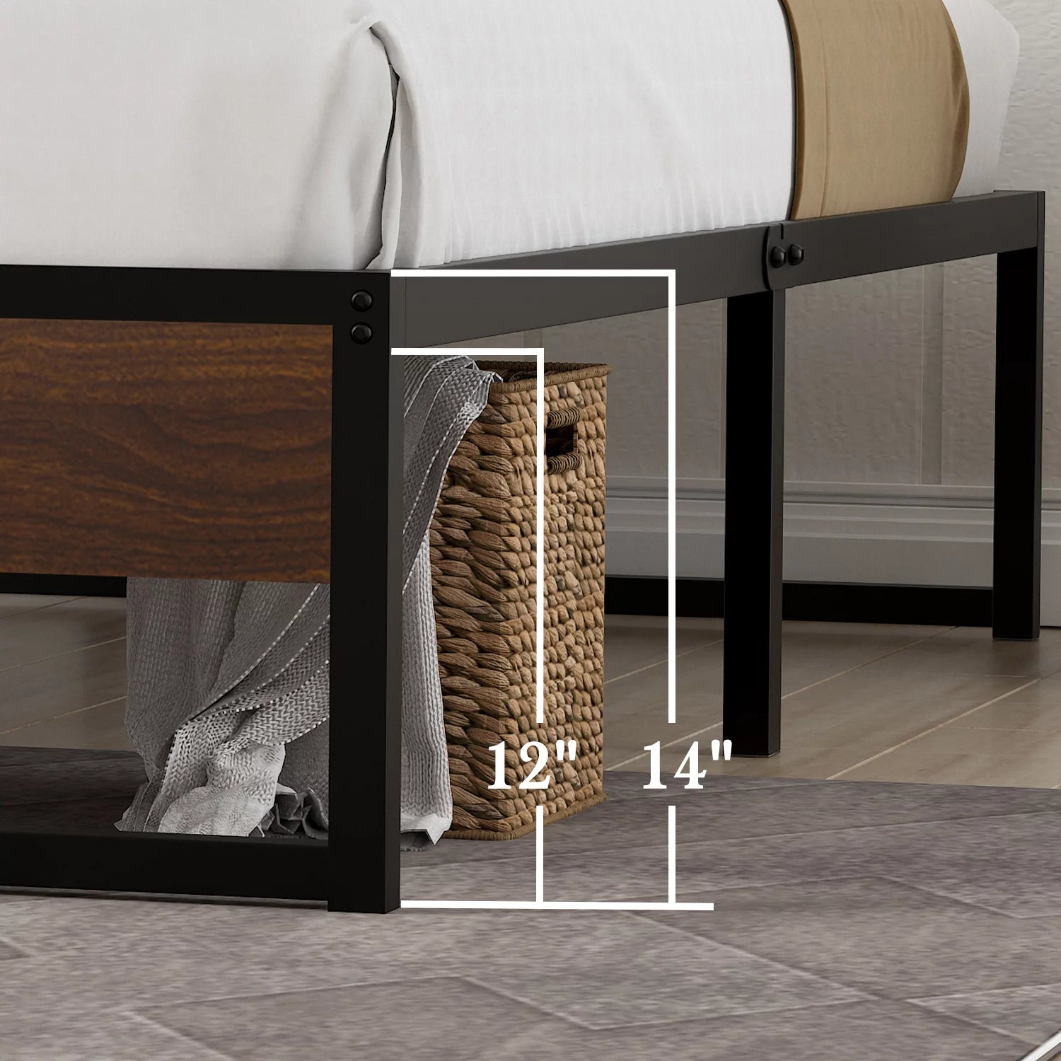 Amolife Queen Size Platform Bed Frame with Rustic Wood, Metal Slats, Black